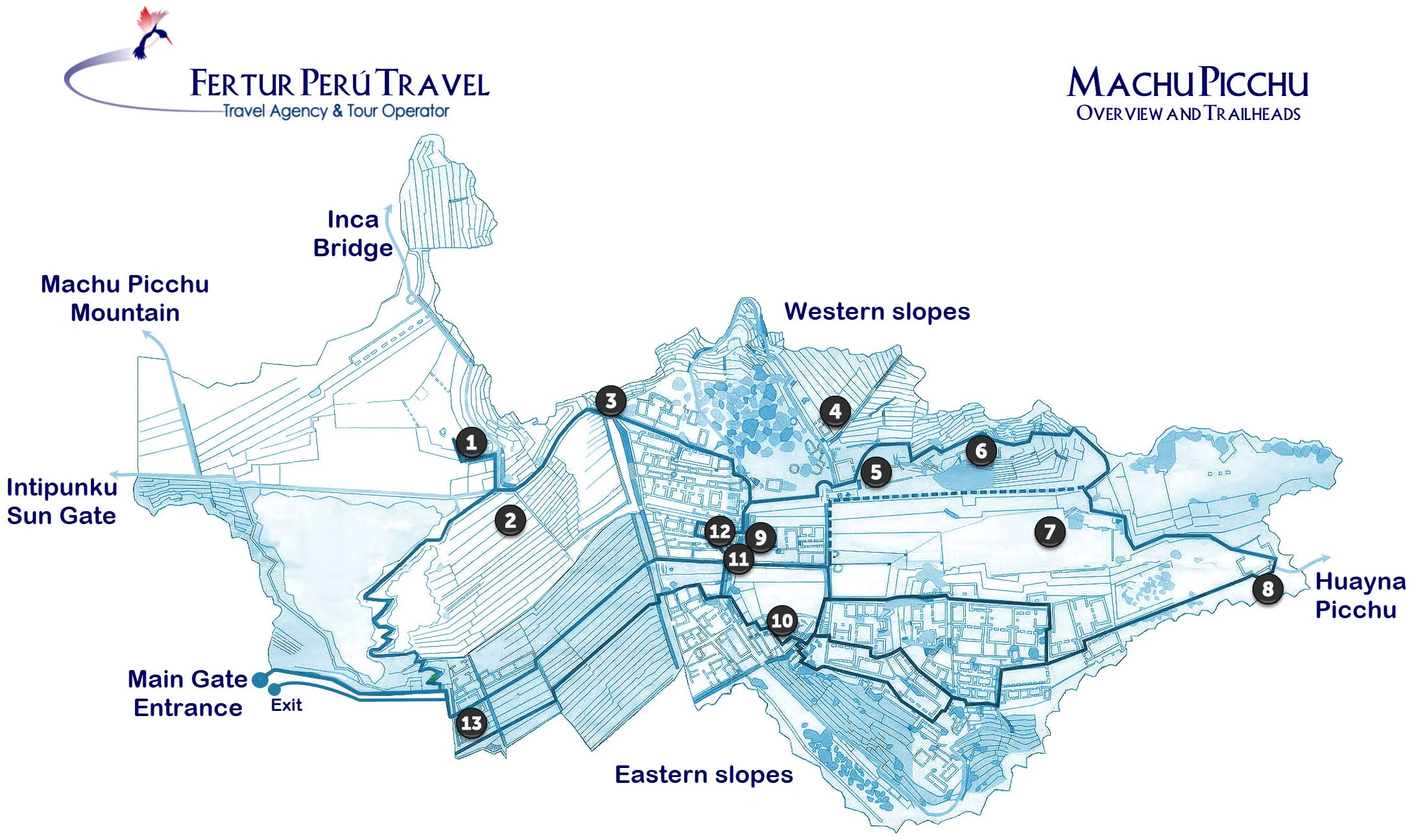 Machu Picchu Sanctuary Routes (map with numbered highlights)