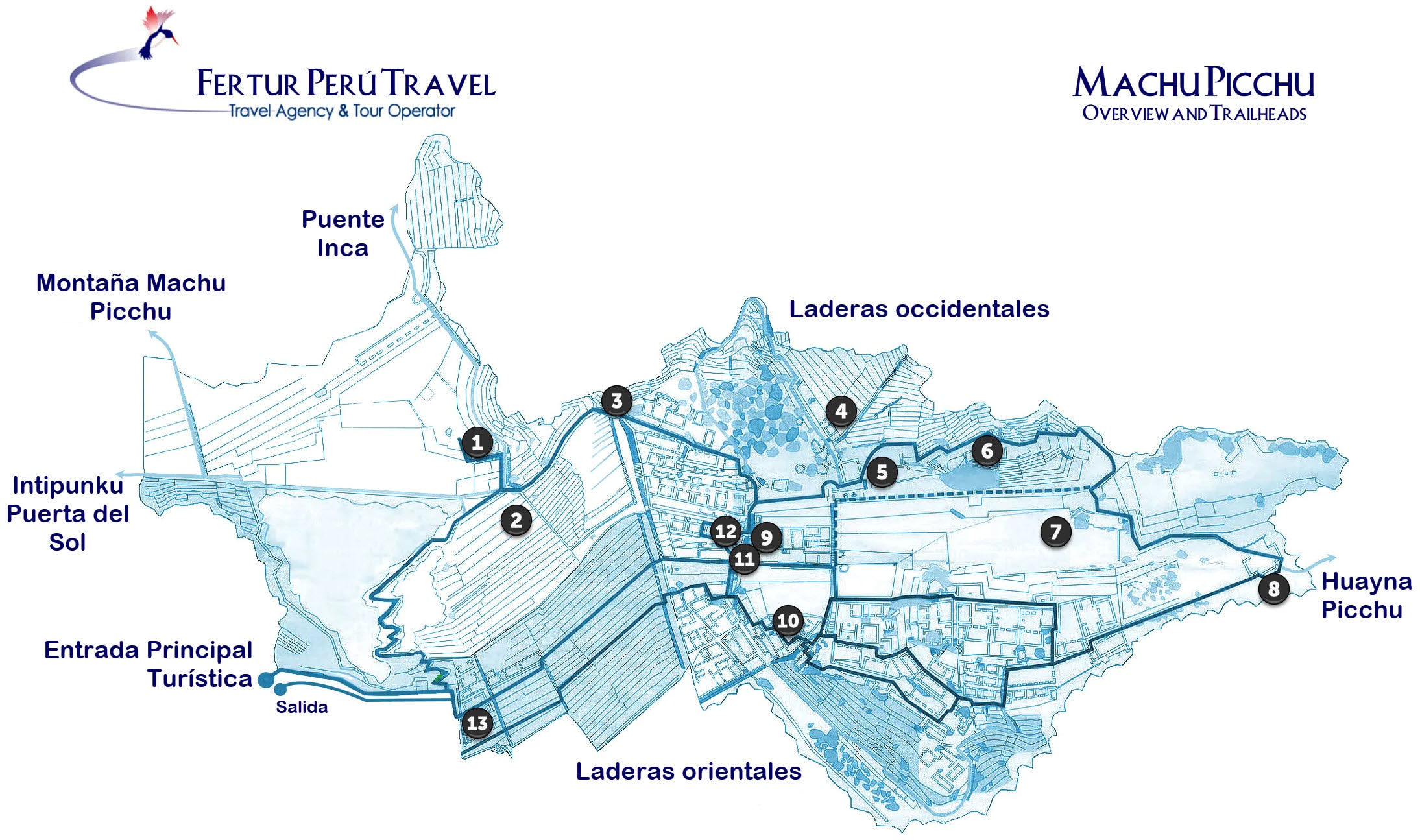 Rutas del Santuario de Machu Picchu (mapa con los puntos destacados numerados)