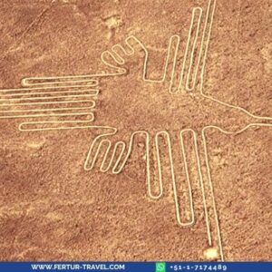 Nazca Lines Peru: Aerial photograph of the hummingbird geoglyph, one of the most famous ancient geoglyphs in the Nazca Desert, showcasing UNESCO World Heritage archaeological site.